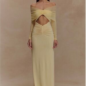 Meshki Pale Yellow Off-Shoulder Cutout Maxi Dress